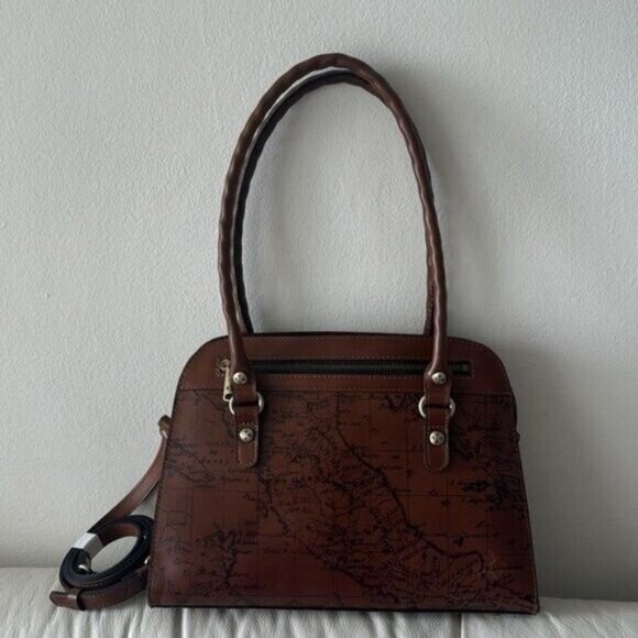 Patricia Nash Riot Rust Leather Calvi Satchel Crossbody Signature Map Brown - Picture 9 of 11